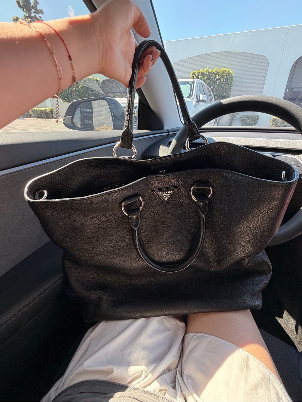 PRADA Black Vitello Daino Leather Large Shopping Tote Bag